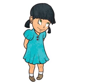 A smiling cartoon girl with black pigtails wearing a blue dress and brown shoes.