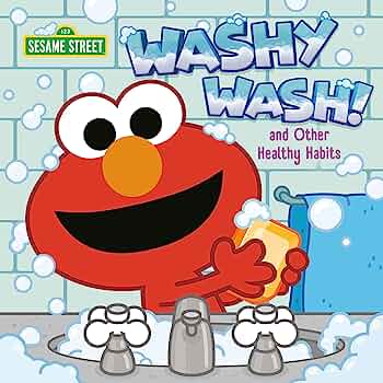 Elmo from Sesame Street happily washing hands with soap and bubbles at a sink.