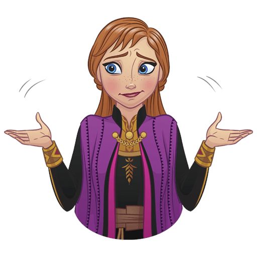 Anna from Frozen shrugging with open palms, wearing purple vest and gold accents, expression of confusion or uncertainty.