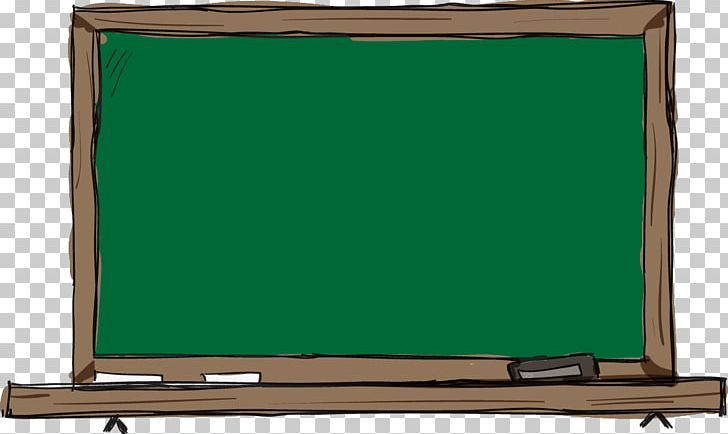 Hand-drawn green chalkboard with wooden frame, chalk tray, and eraser on transparent background.