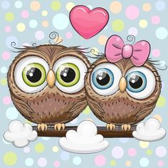 Two cute cartoon owls perched together with a pink heart above, one wearing a bow, against a polka-dot background.