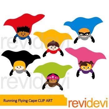 Six cartoon children in colorful capes flying dynamically against white background.