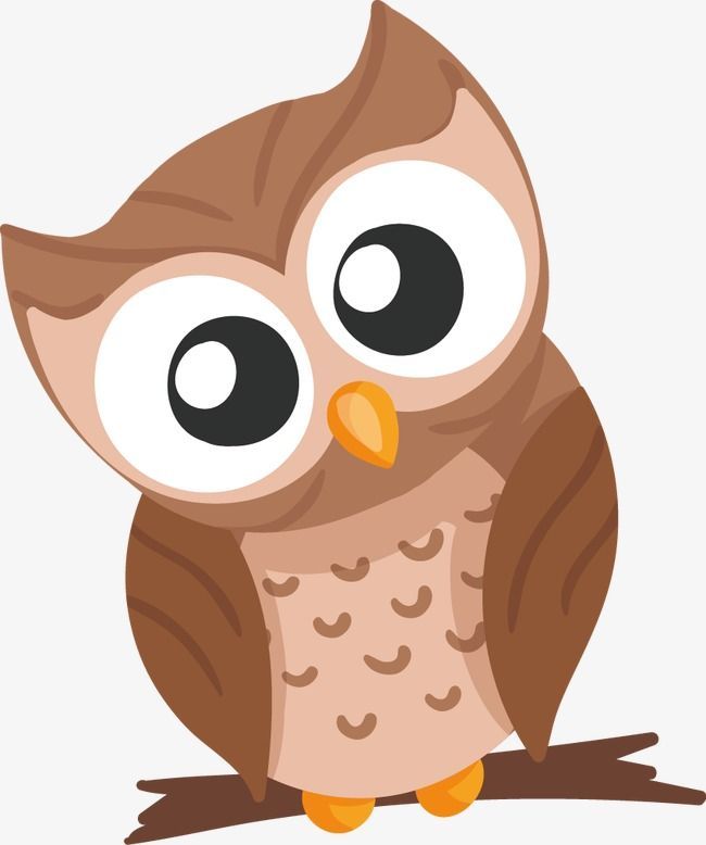 Cute cartoon brown owl with large eyes perched on a branch.