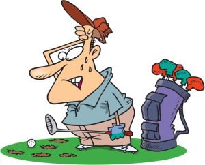 Frustrated cartoon golfer wiping sweat with cap, holding club, bag nearby on grassy tee.