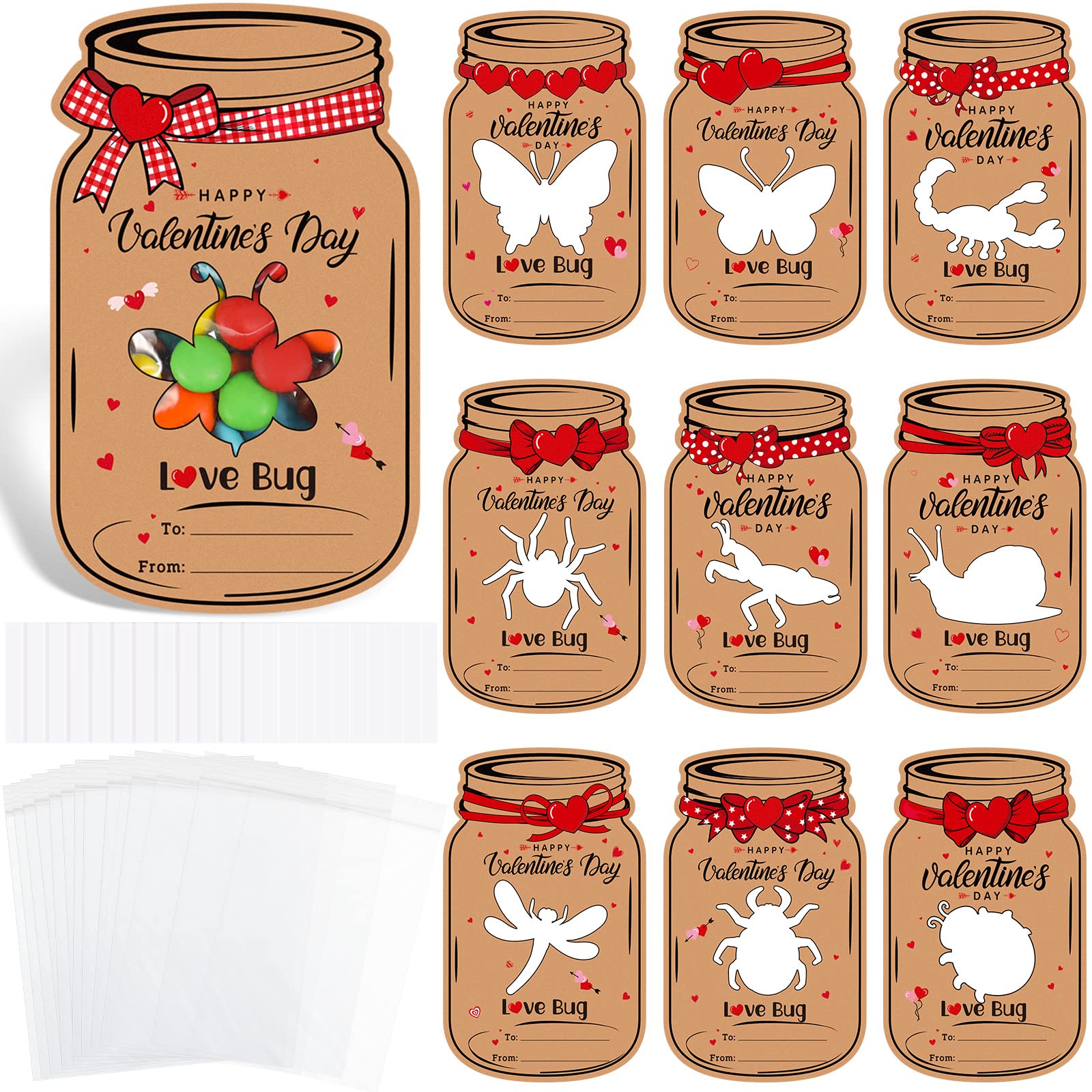 Valentine’s Day “Love Bug” mason jar cards with bug-themed silhouettes, ribbons, and candy-filled example; includes clear bags.