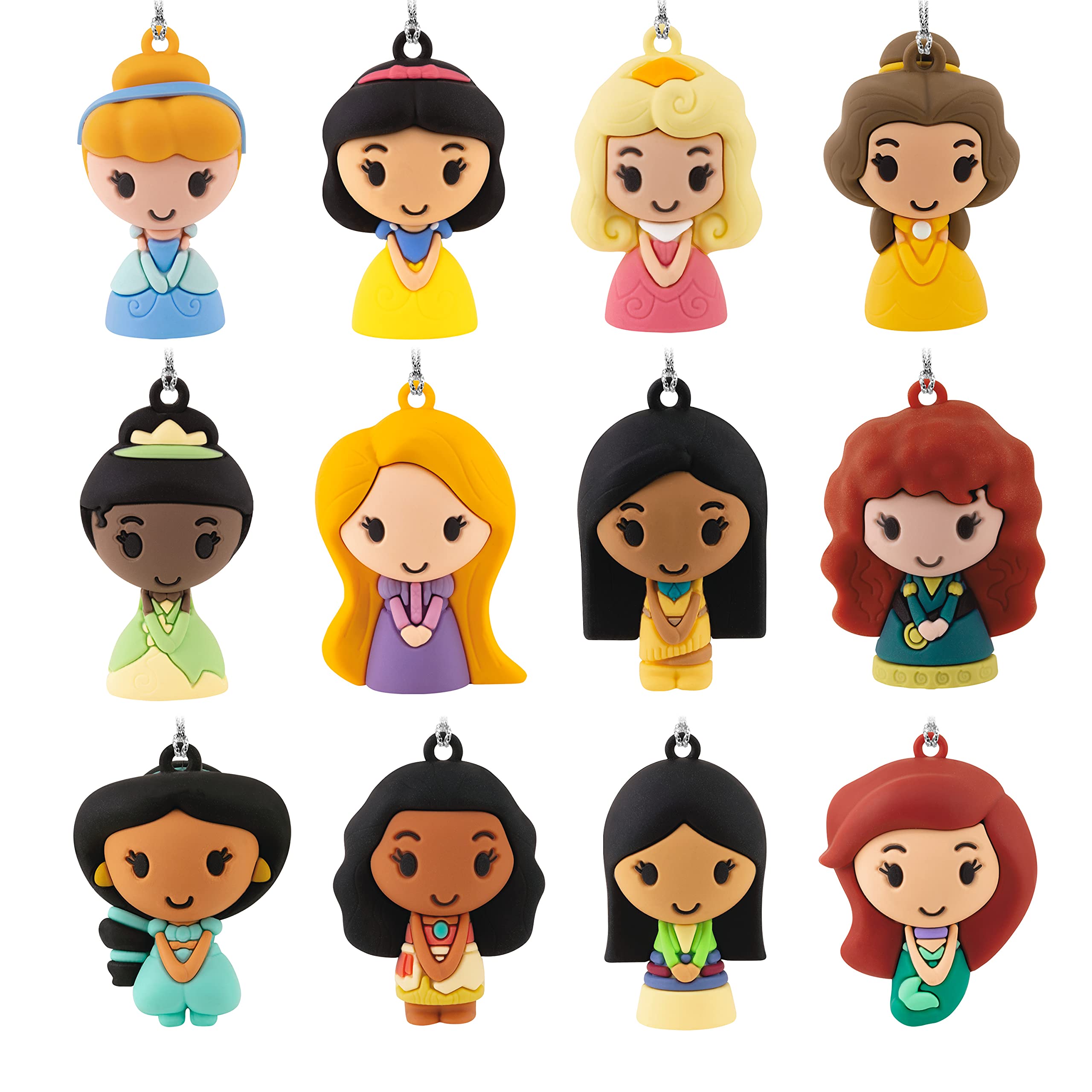 Chibi-style Disney Princess ornaments in three rows: Cinderella, Snow White, Aurora, Belle, Tiana, Rapunzel, Pocahontas, Merida, Jasmine, Moana, Mulan, Ariel.