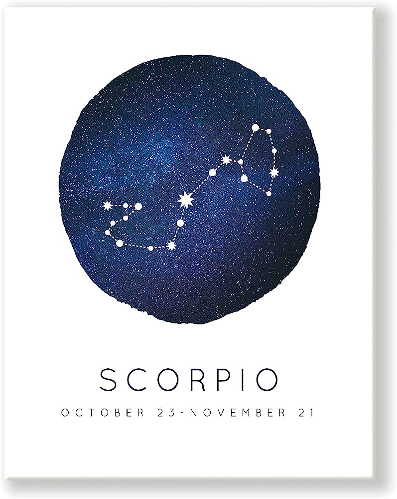 Scorpio zodiac constellation illustration with starry blue circle and dates October 23-November 21.