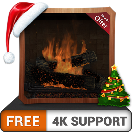 Festive fireplace with Santa hat, Christmas tree, and "Free 4K Support" banner; holiday bundle offer promotion.