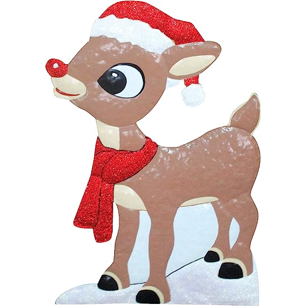 Glittery Rudolph the Red-Nosed Reindeer wearing a Santa hat and red scarf, standing on snow with a cheerful expression.
