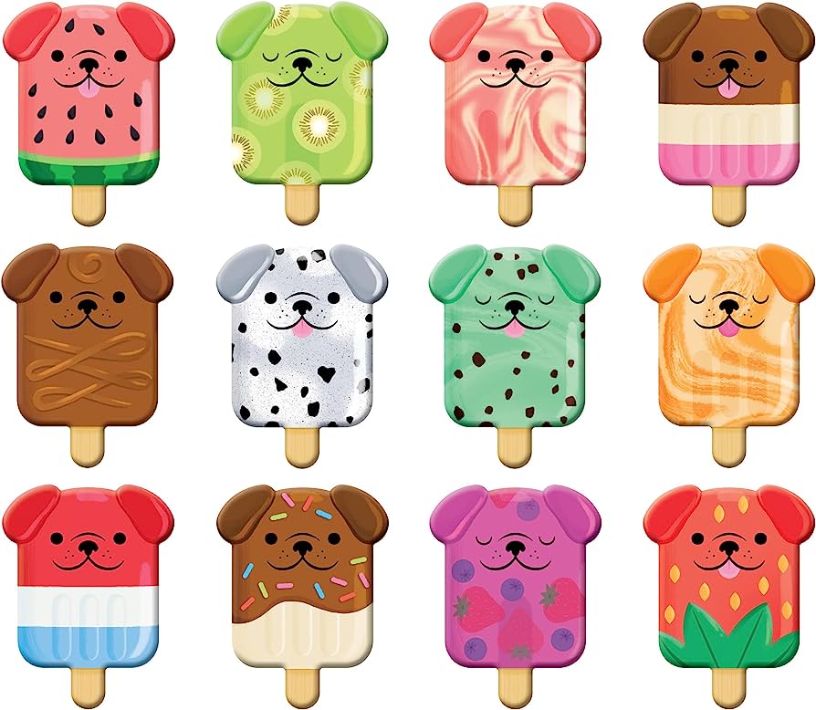 Twelve adorable dog-shaped popsicles with fruit, candy, and pattern themes in vibrant colors.