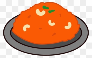 A cartoon-style plate of orange-colored rice dish garnished with cashews and green herbs.