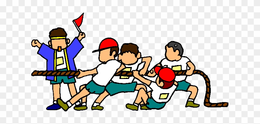 Cartoon illustration of a tug-of-war competition with four participants and a referee holding a red flag.