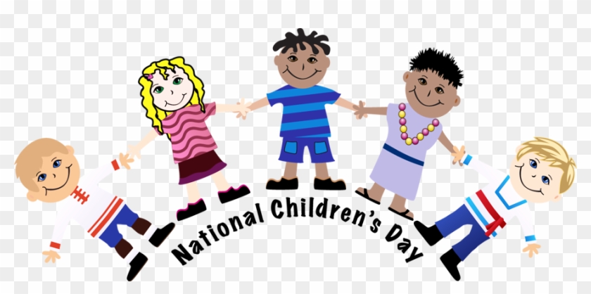 Five diverse cartoon children holding hands in a circle around "National Children's Day" text.