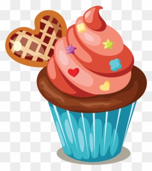 Pink-frosted cupcake with star sprinkles, heart cookie, and blue paper liner on transparent background.