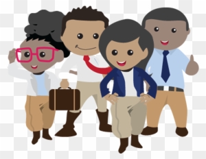Diverse group of four smiling professionals in business attire posing together with a briefcase.