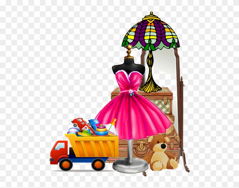 A vibrant collage featuring a pink dress on a mannequin, stained-glass lamp, vintage trunk, toy truck with toys, and a teddy bear.