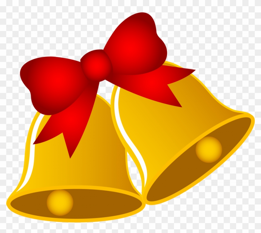 Two golden Christmas bells tied with a red ribbon bow, festive and shiny.