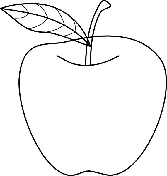 Simple black-and-white line drawing of an apple with stem and leaf, suitable for coloring or educational use.