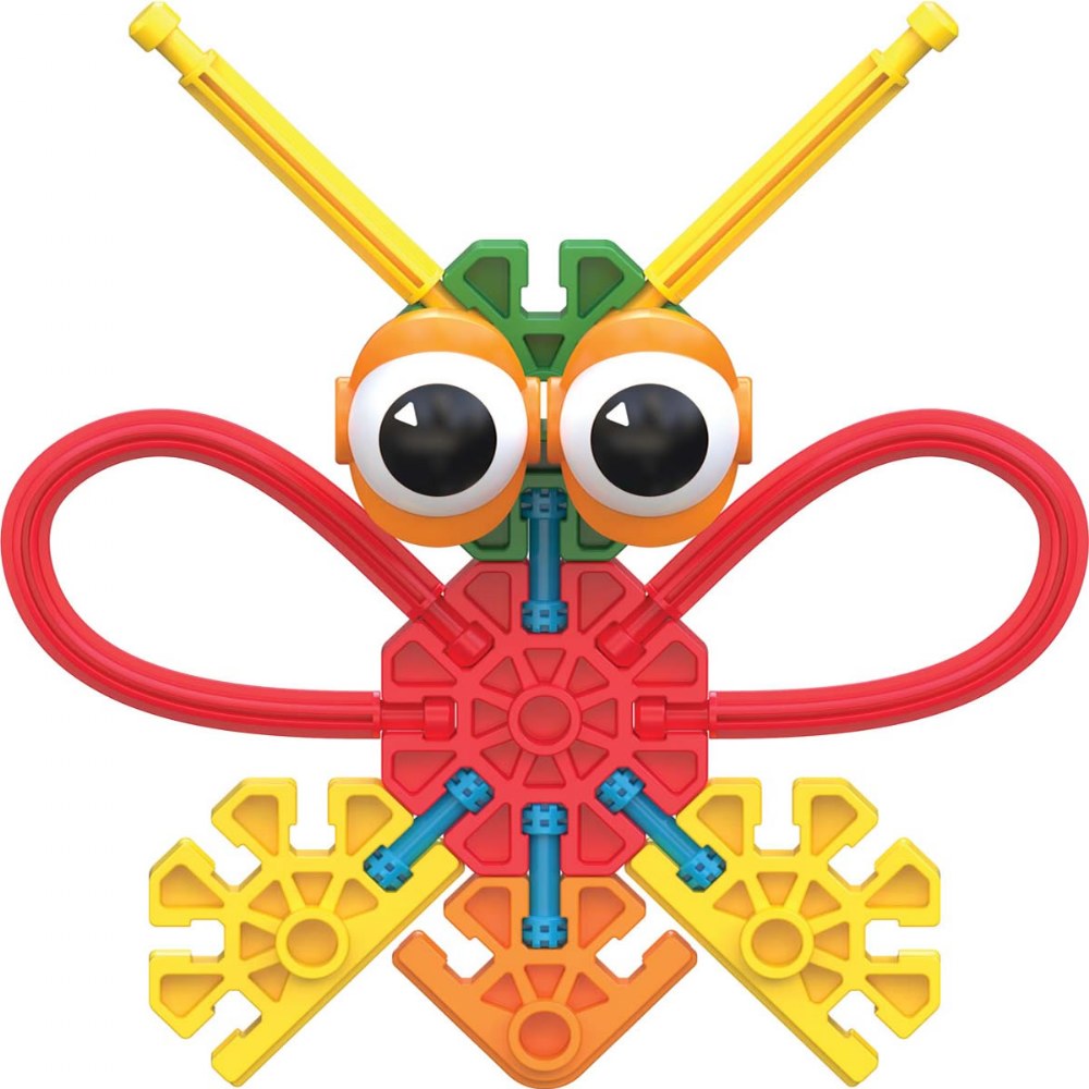 Colorful K'NEX insect model with large googly eyes, red wings, yellow antennae, and modular plastic parts assembled creatively.