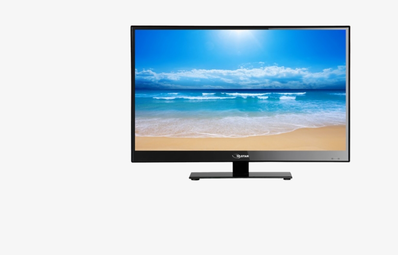 Black flat-screen TV displaying a vibrant beach scene with blue sky, ocean waves, and sandy shore.