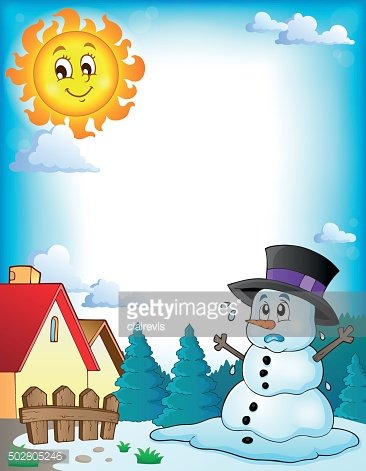 Cheerful sun smiles above a melting snowman in a snowy yard beside a cozy house and evergreen trees.