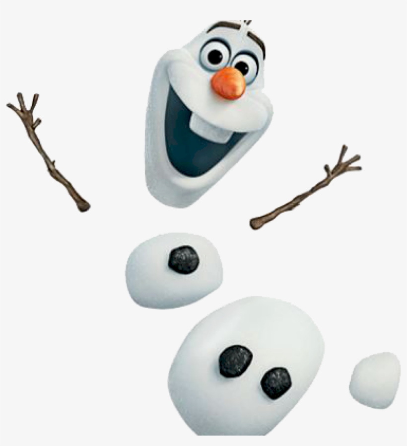 Olaf the snowman from Frozen, disassembled with head, body parts, and twig arms floating separately.