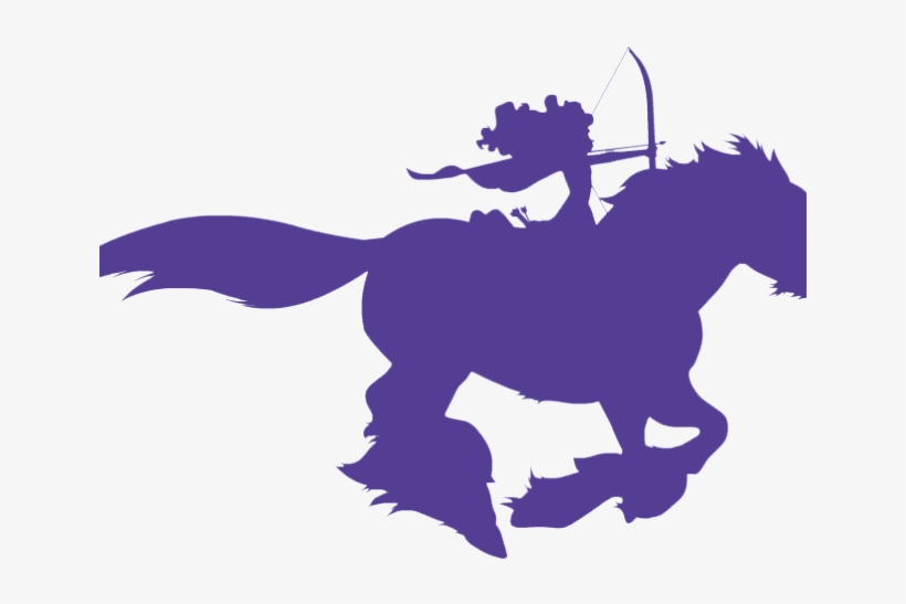 Purple silhouette of a mounted archer in motion, drawing a bow while riding a galloping horse.
