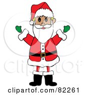 Cheerful cartoon Santa Claus in red suit with green gloves, arms raised in greeting.