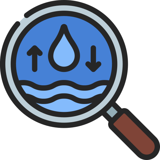 Magnifying glass over water with upward and downward arrows indicating water level monitoring or analysis.