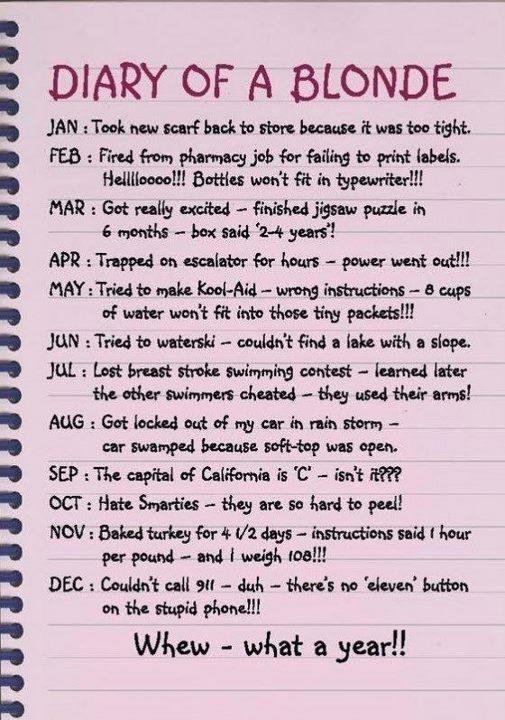 Handwritten "Diary of a Blonde" list of humorous monthly mishaps on lined notebook paper.