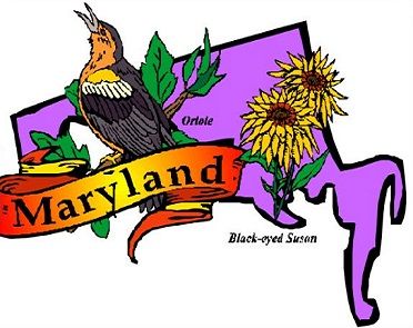 Maryland state emblem featuring an oriole, black-eyed susans, and a banner with "Maryland" over a purple silhouette of the state.