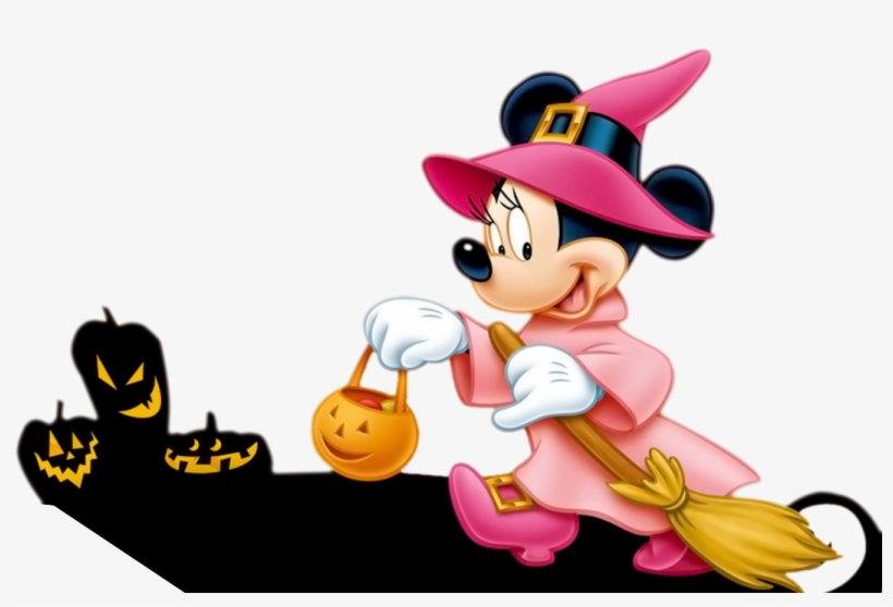 Minnie Mouse dressed as a witch with pink hat and robe, holding a pumpkin bucket and broom, beside carved jack-o'-lanterns.