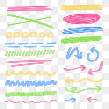 Collection of colorful hand-drawn doodle elements including lines, arrows, squiggles, and shapes on transparent background.