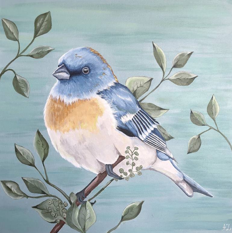 A painted blue and orange bird perched on a leafy branch against a soft teal background.