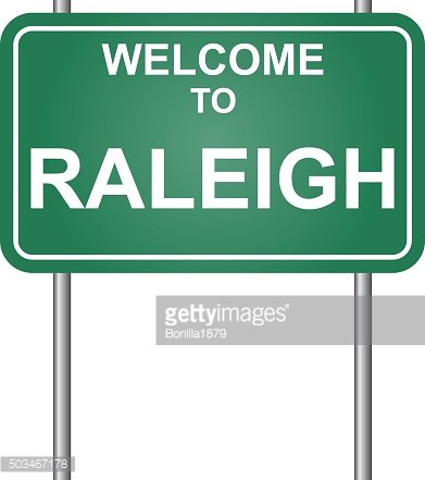 Green highway sign reading "WELCOME TO RALEIGH" on white background with metal posts.