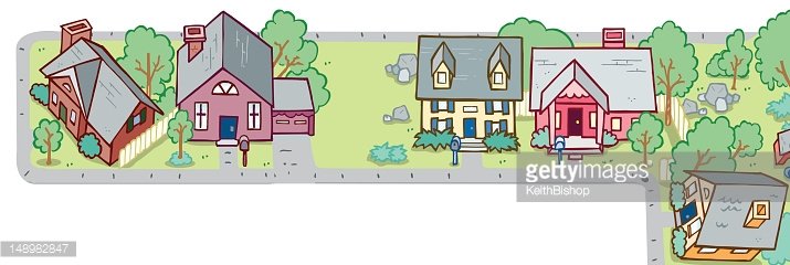 Suburban Neighborhood Illustration - Friendly Cartoon Houses & Street Scene