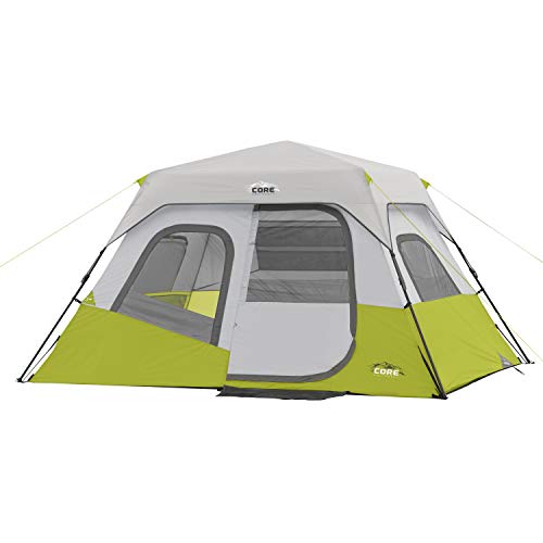 CORE 6-person instant cabin tent in gray and lime green, fully set up with mesh windows and front door.