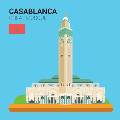 Casablanca Great Mosque illustration with Moroccan flag, featuring its iconic minaret and green-tiled roof against a blue sky.