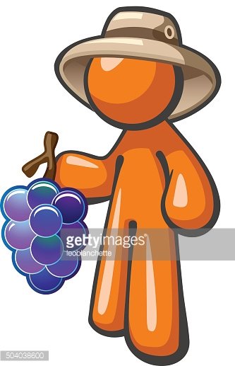 Orange cartoon figure in wide-brimmed hat holding a bunch of purple grapes.