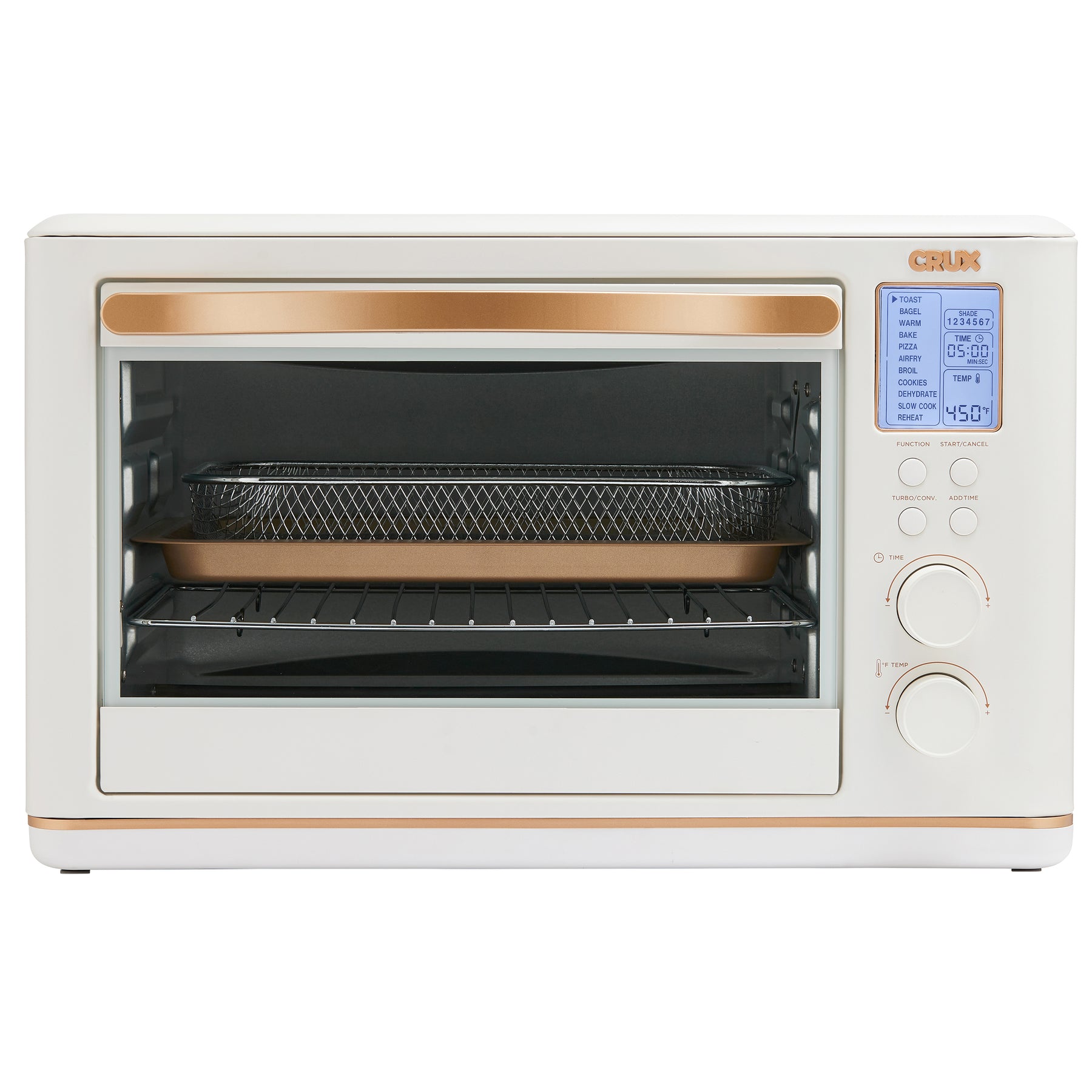 Crux digital countertop convection oven with rose gold accents, LCD display, and multi-function controls.