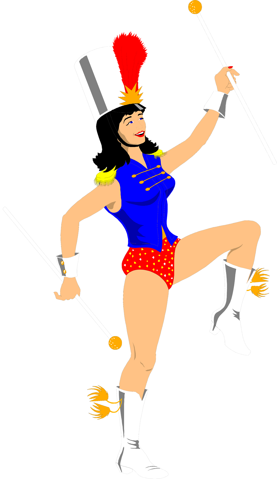 Female majorette in blue uniform and tall hat, twirling batons with red plume and yellow tassels.