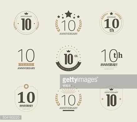 Collection of nine vintage-style 10th anniversary badge designs with crowns, laurels, and stars in monochrome tones.