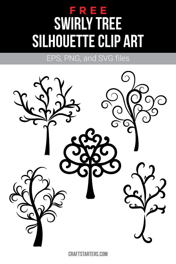 Five ornate black-and-white swirly tree silhouettes in decorative clip art style, available as free EPS, PNG, and SVG files.