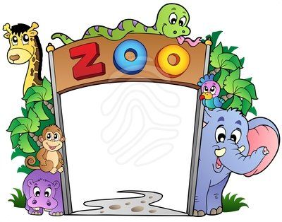 Colorful cartoon zoo sign with giraffe, monkey, hippo, elephant, snake, and bird surrounding a blank frame.