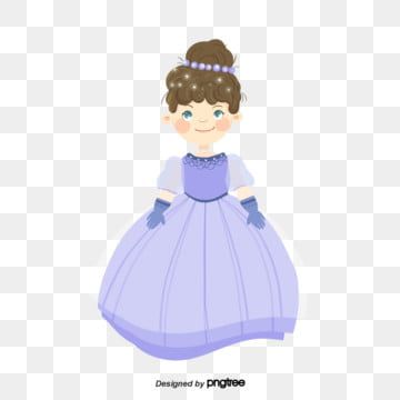 Cartoon princess in a lavender gown with gloves and tiara, smiling on transparent background.
