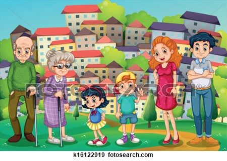 A multi-generational family-elderly couple, parents, and three children-standing together in a colorful suburban neighborhood.