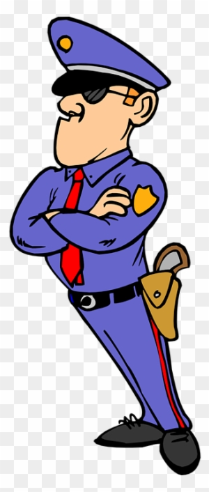 Cartoon police officer in blue uniform with sunglasses, arms crossed, and sidearm holster.