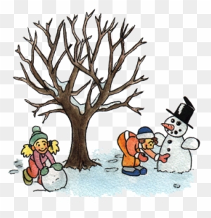 Winter Fun: Kids Building a Snowman Under Bare Tree - Free Illustration