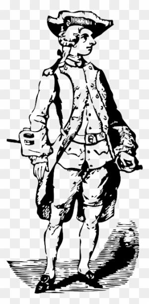 18th-century colonial officer in tricorn hat, waistcoat, and breeches holding a document and sword hilt.