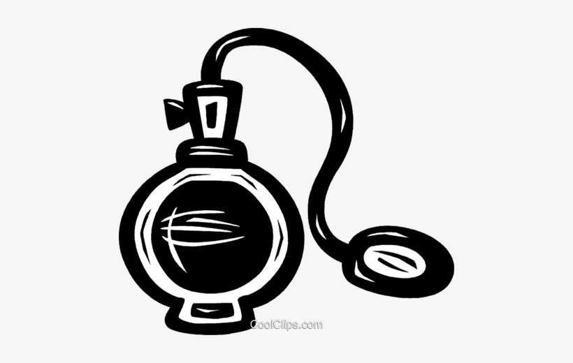 Black-and-white illustration of a classic perfume bottle with atomizer spray and cap.